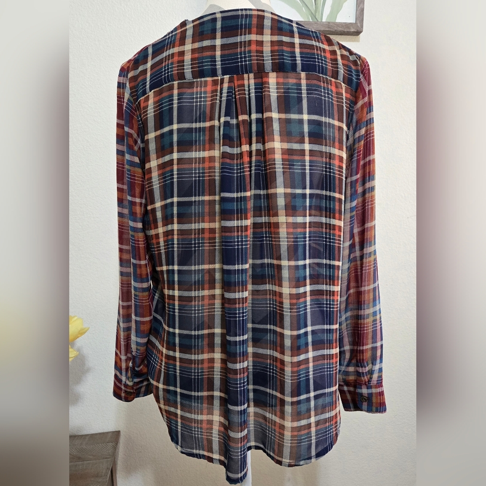 Maeve Sheer Plaid Long Sleeve Button Up Blouse Blue Orange Cream Red Size XS - Picture 7 of 12